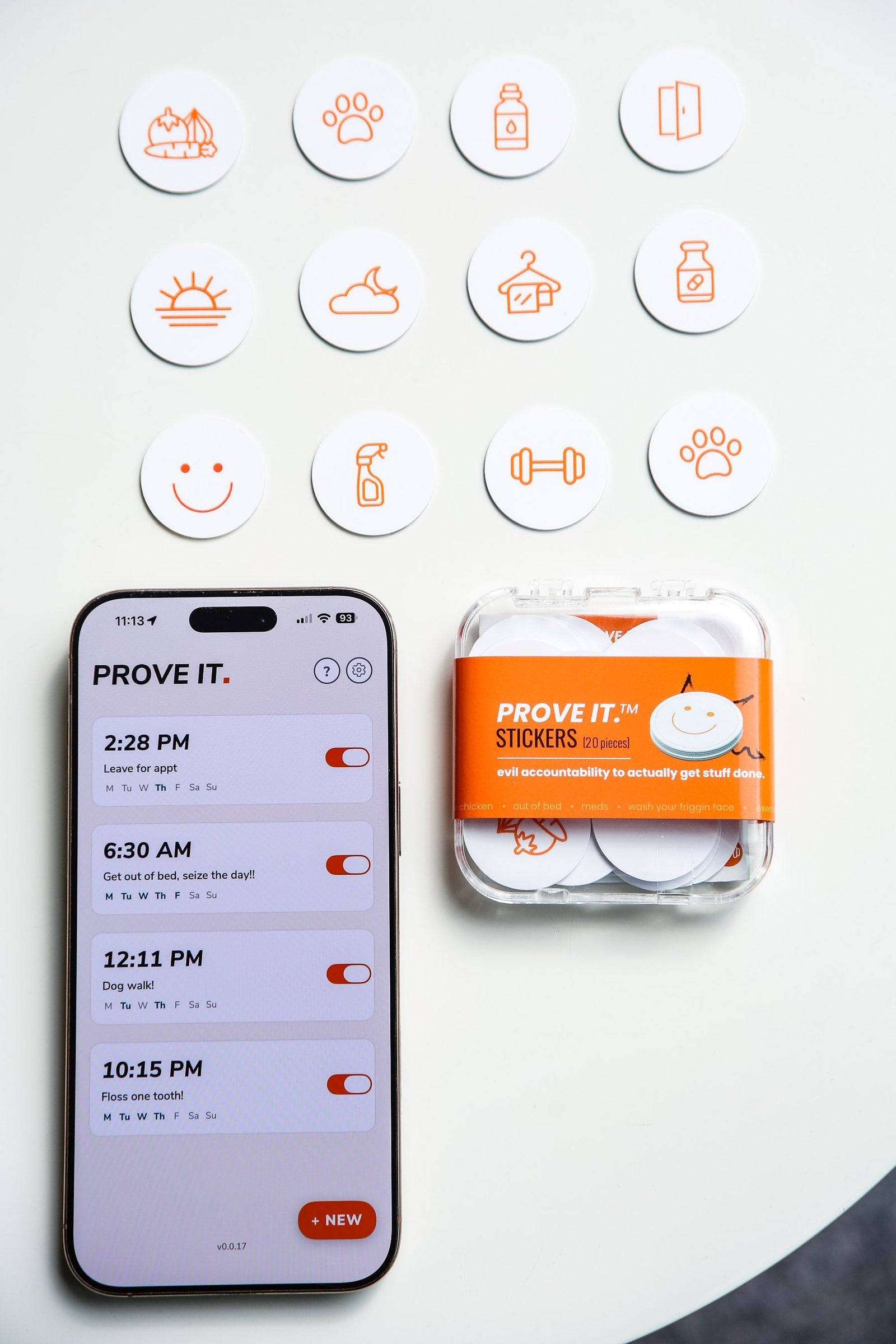 PROVE IT Stickers case, icon stickers, and the PROVE IT app