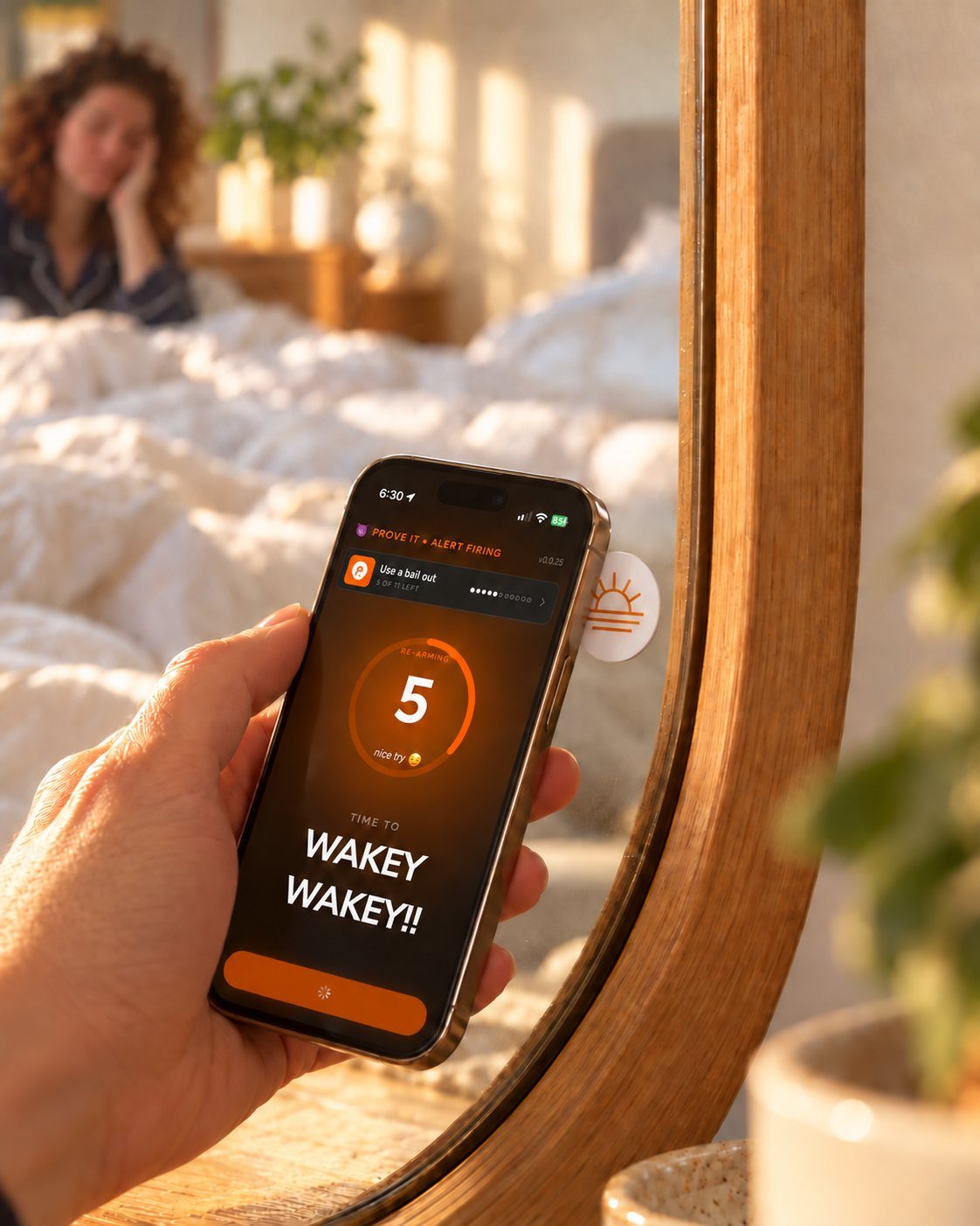 Wake-up alert firing next to a sunrise sticker on the bedroom mirror